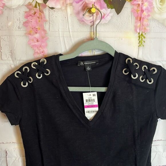 NWT INC INTERNATIONAL CONCEPTS RHINESTONES CRISS CROSS DETAIL TSHIRT SIZE PP - Picture 2 of 8